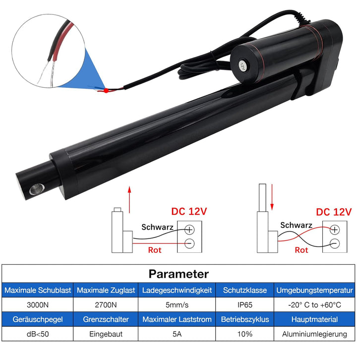 Jvnvlki 200mm Hub 3000N Linearantrieb 12V Linear Actuator Linearmotor 5mm/s Mit Montagebügeln für Li