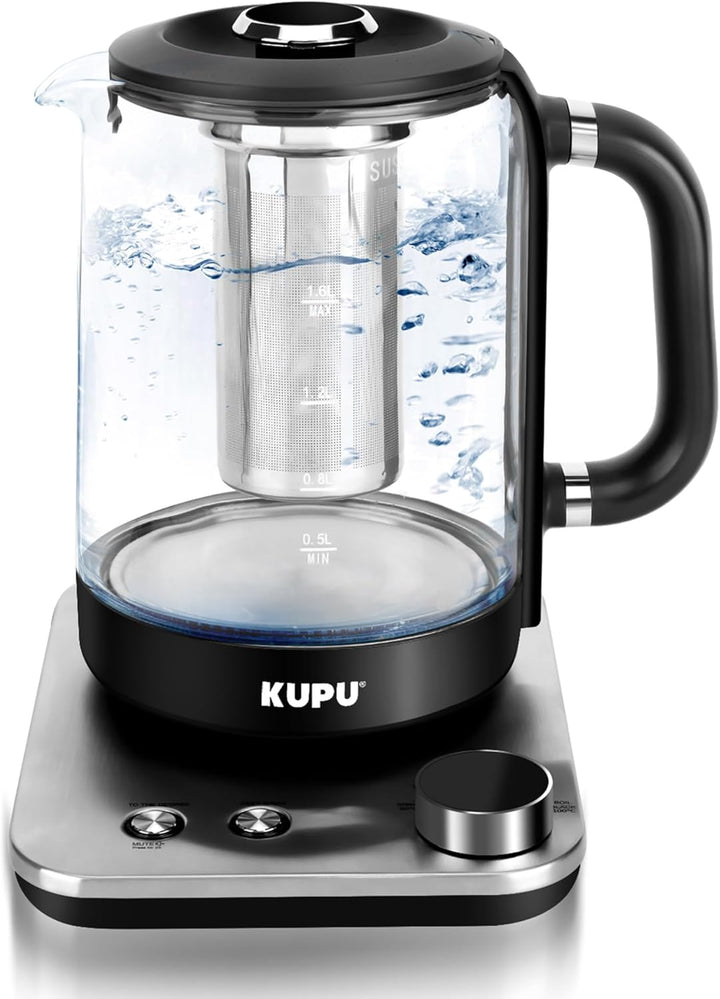 KUPU Glas Wasserkocher mit Temperatureinstellung, 1,6L Wasserkocher, 2200 Watt schnelles Aufheizen,