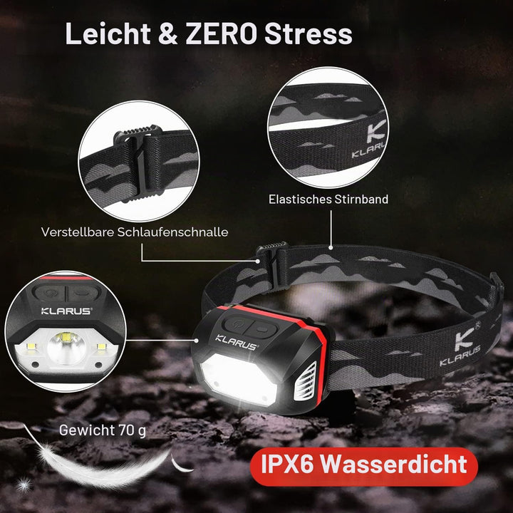 klarus HM1 440 Lumen wiederaufladbare Gestensensor Stirnlampe Kopflampe, 5 Modi 70 Stunden Laufzeit,
