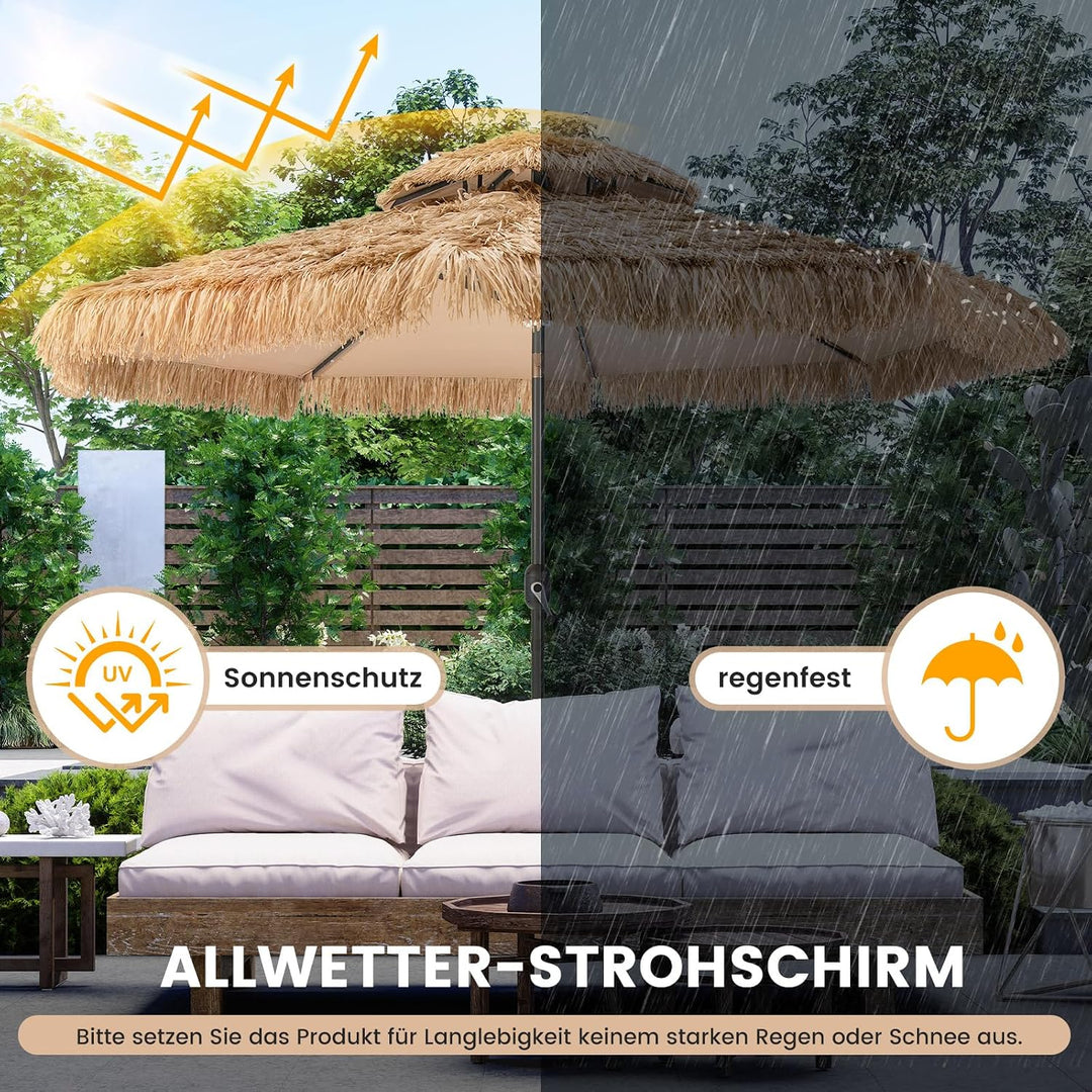 GOPLUS Sonnenschirm Hawaii, Ø 300 cm Strohschirm um 30° knickbar, Sonnenschirm Stroh mit LED Solar B