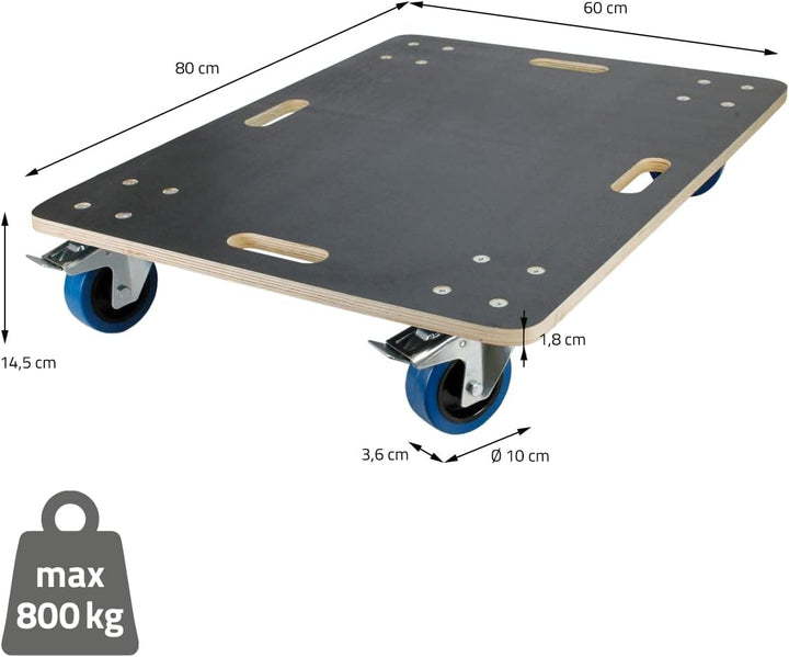 ECD Germany Transportroller mit 2x Feststellbremse 60 x 80 cm bis 800kg Siebdruckplatte - PP-Räder R