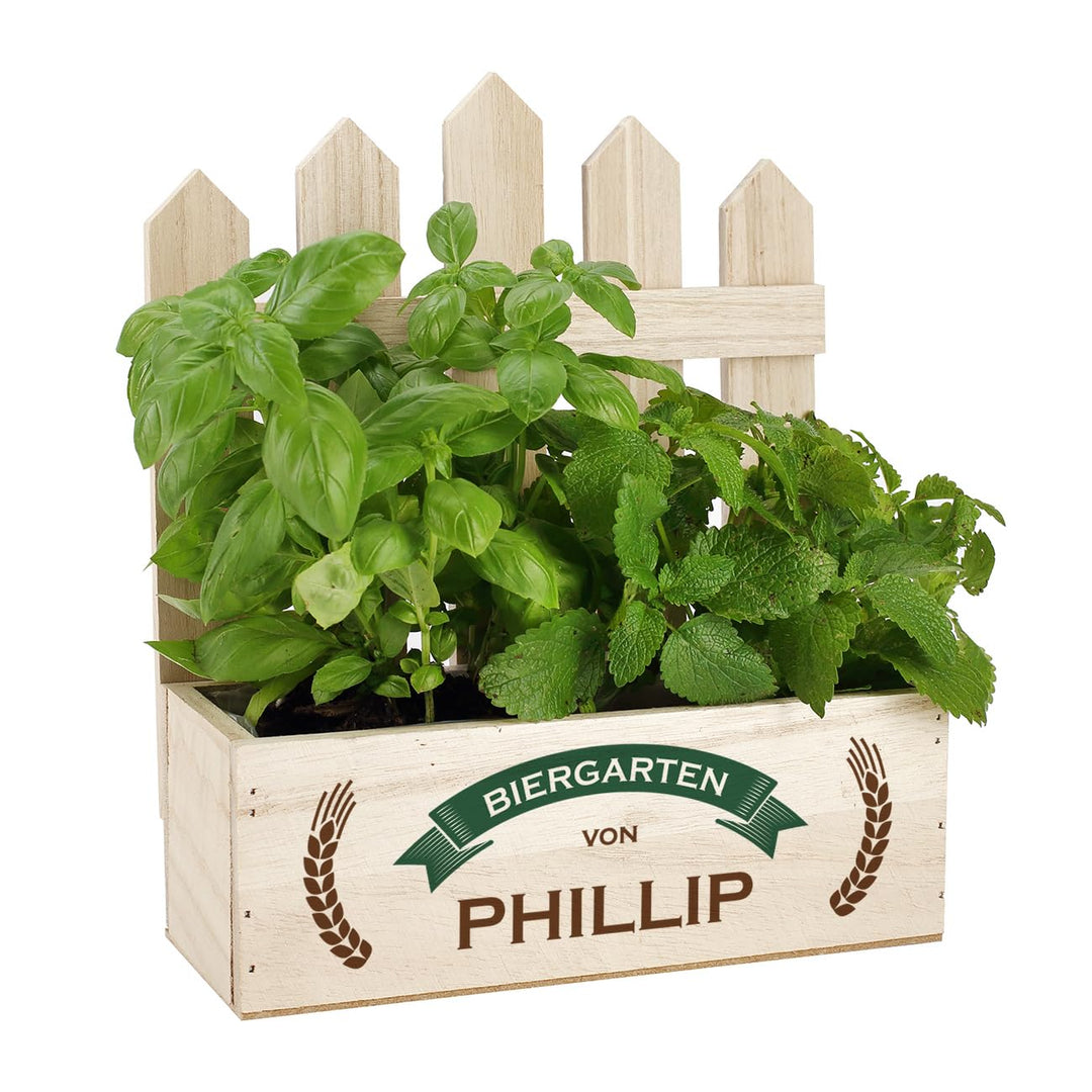 Herz & Heim® Geburtstags-Geschenk Pflanzkiste mit Personalisierung als Geschenkverpackung Biergarten