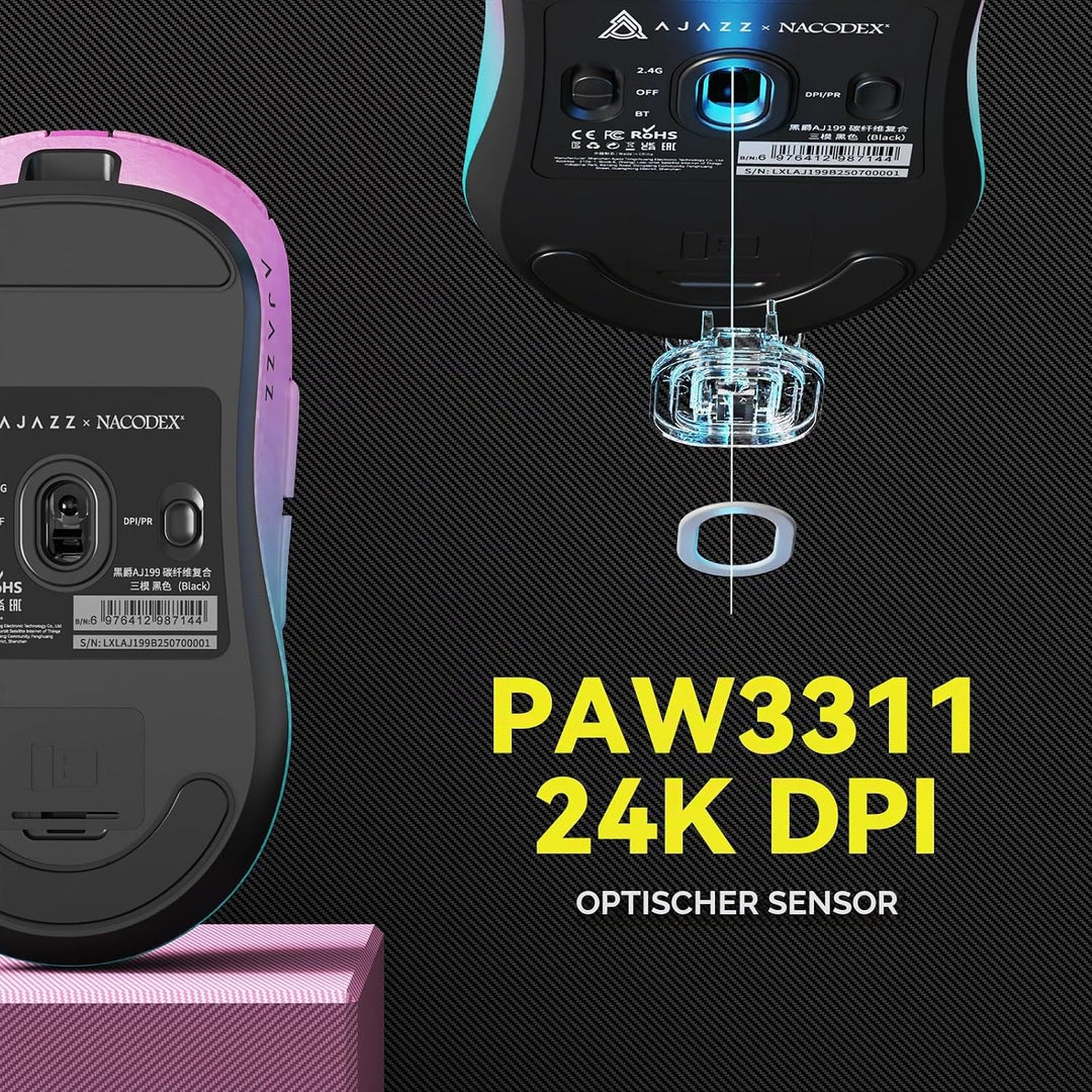 A.JAZZ AJ199 Carbonfaser-Gaming-Maus, Kabellos 2,4G/BT/USB-C Tri-Mode, Ultraleicht 55g, Optischer Pi