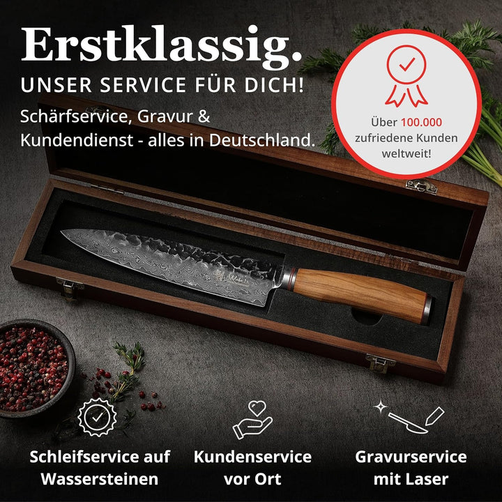 Wakoli Olive HS Kochmesser aus echtem Damaststahl (VG10 Kern) mit 20 cm Klinge – Scharf & ausbalanci