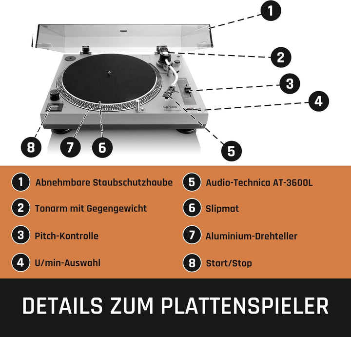 Lenco L-3810 Plattenspieler mit Direktantrieb - DJ Plattenspieler - 33/45 U/min - Pitch-Control - Ma