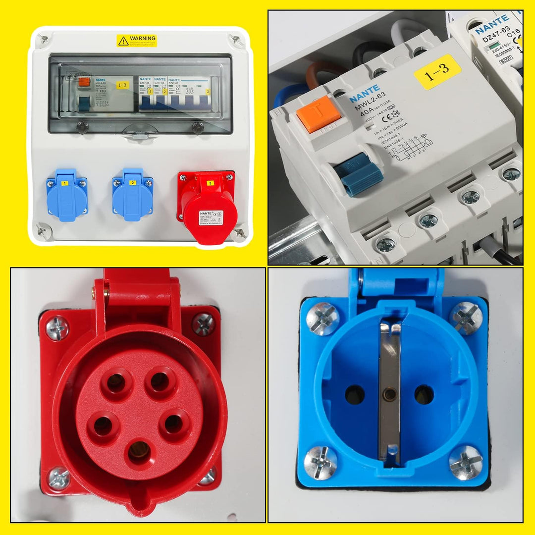 Fiqops Baustromverteiler 16A, Stromverteiler 1x400V+2x230V, Baustromverteiler 16A mit FI Schalter, S