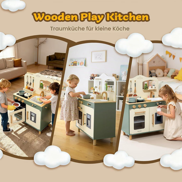TOYWOO Kinderküche Holz mit Licht &amp; Sound, Spielküche für Kinder ab 3 Jahren mit Schneidelebensmitte