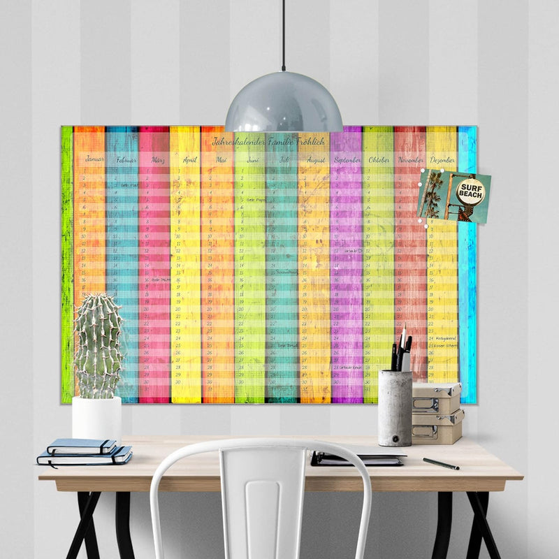 banjado® Wandkalender abwischbar aus Glas 90x60 cm/Jahresplaner abwischbar mit Motiv Regenbogen Holz