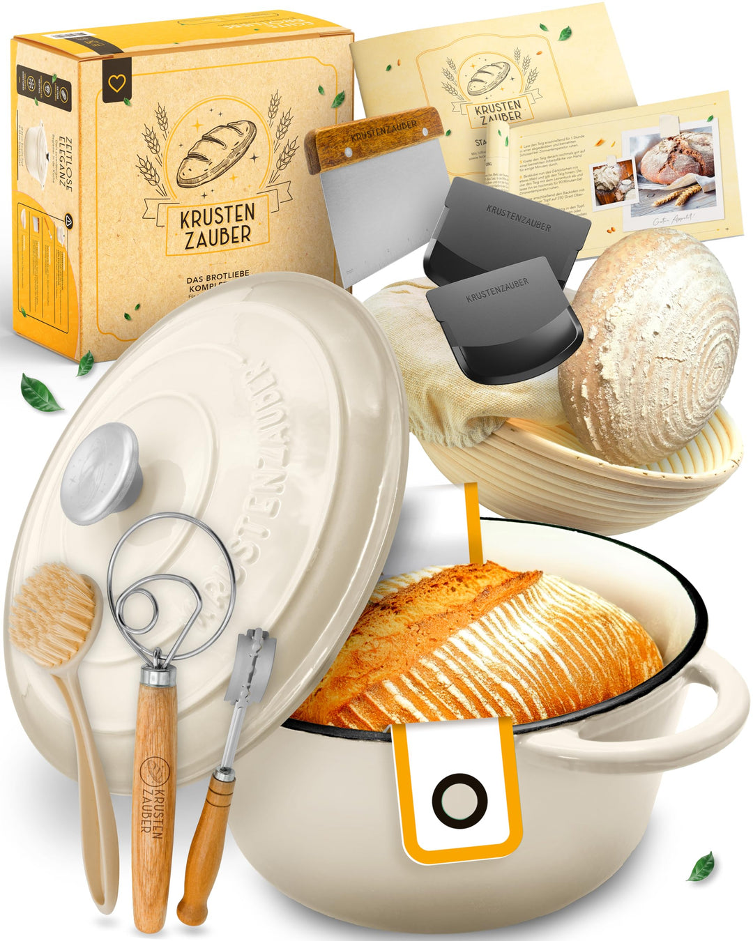 Gusseisen Topf Brot Backen emailliert im XXL Set - Brotbackform mit Deckel inkl Gärkorb, Schneebesen