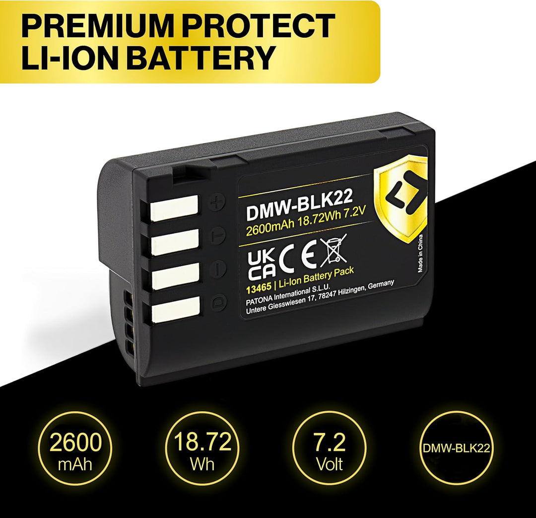 PATONA 2X Protect V1 Akku DMW BLK22 BLK22E (2400mAh) - kompatibel mit Panasonic DC G9 S5 S5K GH5 GH5