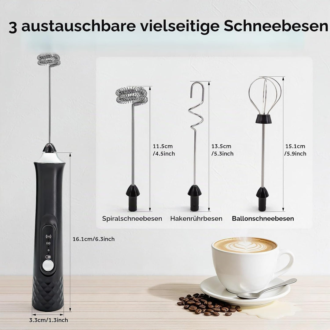 Milchaufschäumer Elektrisch Stab, USB Wiederaufladbar Milchschäumer mit 3 Abnehmbarer Edelstahl-Sch