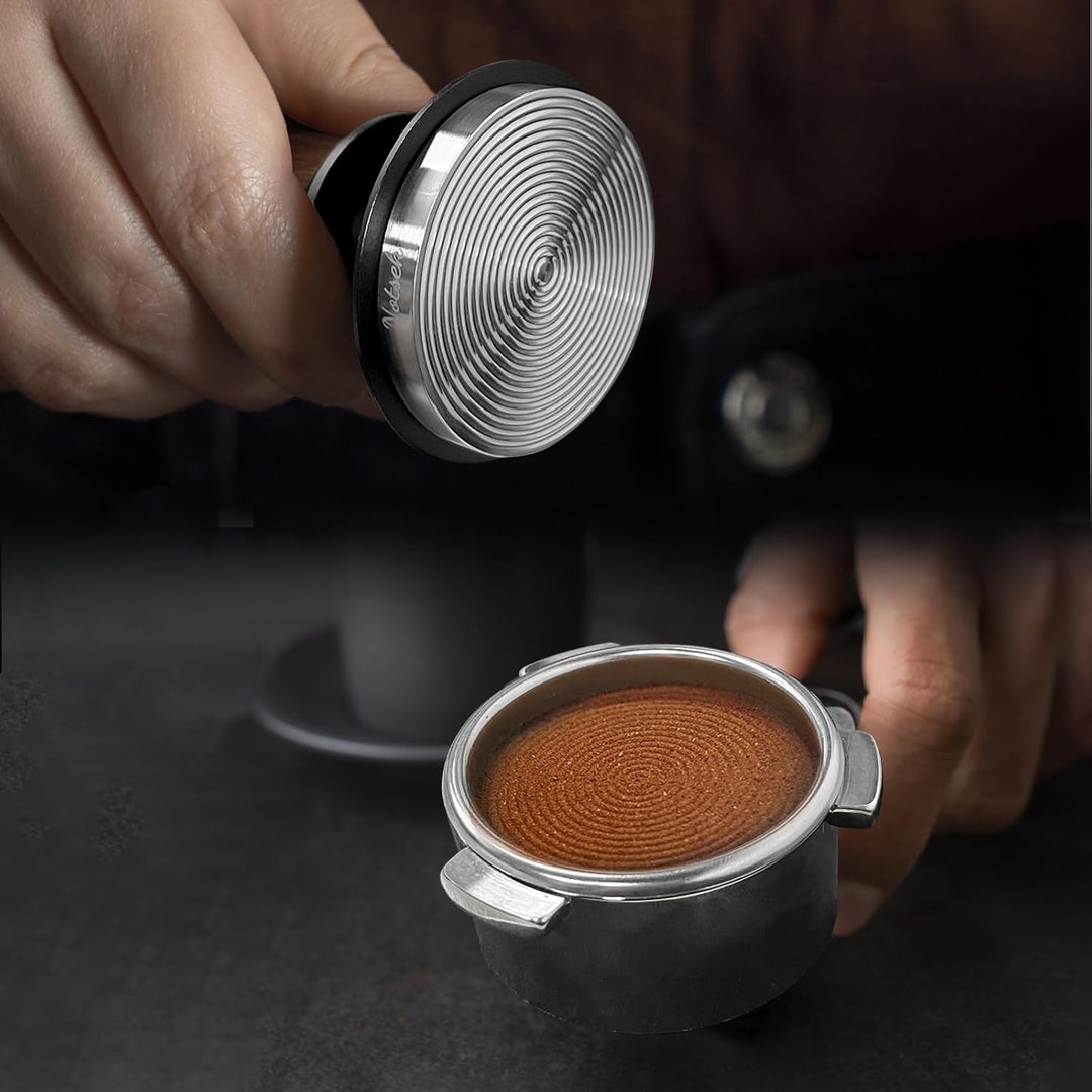 NOTSEK Tamper 54mm, 30lbs Anpressdruck Kaffee Tamper mit Ripple Base, Walnuss Druckregulierender Esp