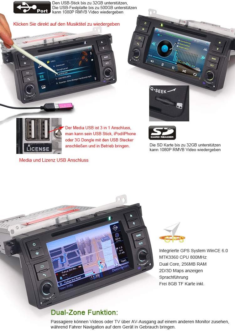 Erisin 7 Zoll Autoradio für BMW 3er E46 318 320 MG ZT Rover 75 Multimedia Player mit USB SD Navi Unt