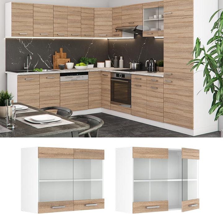 Vicco Küchenschrank Glas R-Line, Sonoma/Weiss, 80 cm Sonoma Hängeglasschrank 80cm, Sonoma Hängeglass