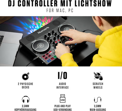 Numark Party Mix Live + HF 125 – DJ Controller Set mit eingebauten Lautsprechern, Lichtshow & Mixer