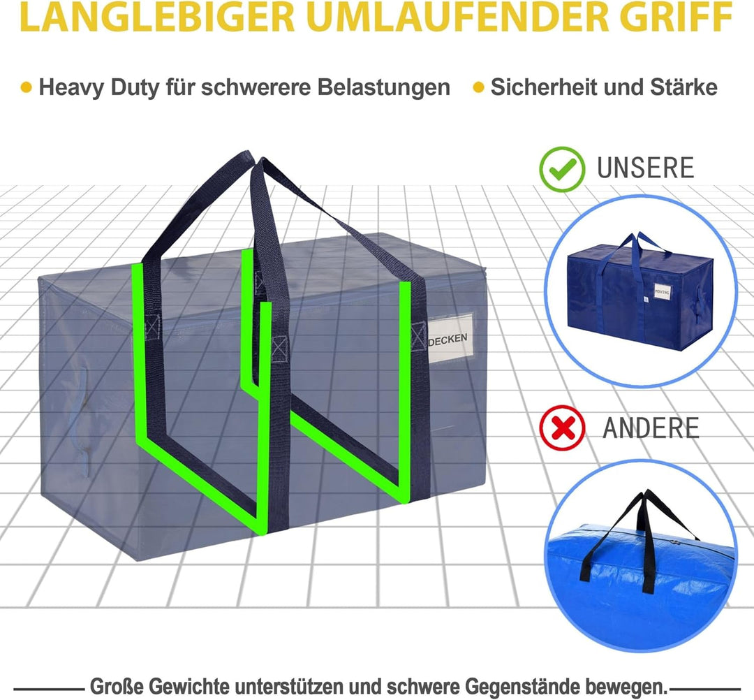 VENO 4 Stück extragrosse Umzugstaschen,Aufbewahrungstasche mit Reissverschlüssen und Tragegriffen, r