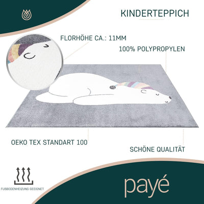 payé Teppich Kinderzimmer - Grau - 120x160cm - Pastellfarben Spielteppich Kinderteppich Kurzflor Wei