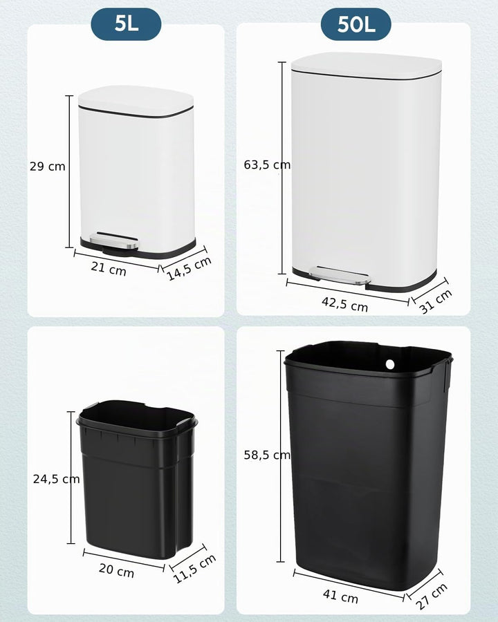 Clevich 2er-Pack Mülleimer Set, 50L und 5L Treteimer aus Metall mit Softclose-Deckel, abnehmbare Inn