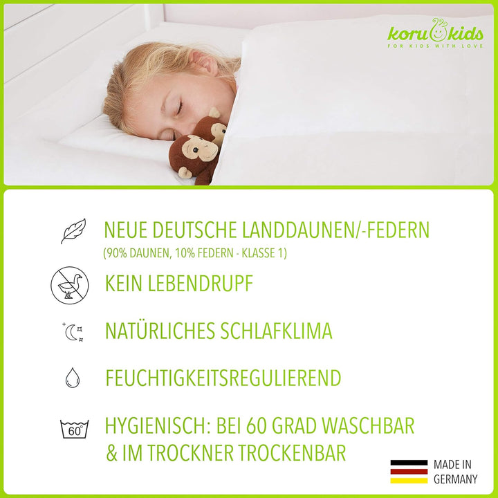 Koru Kids® Kinder Daunendecke 100x135 cm – 90% Daunen / 10% Federn – Ganzjahres Kinderbettdecke – al