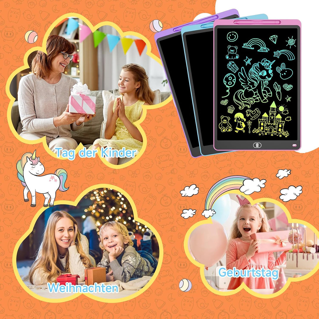 LCD Schreibtafel 3 Stück, 12 Zoll Maltafel mit Abschliessbar Löschen-Taste, Schreibtafel mit Stift,