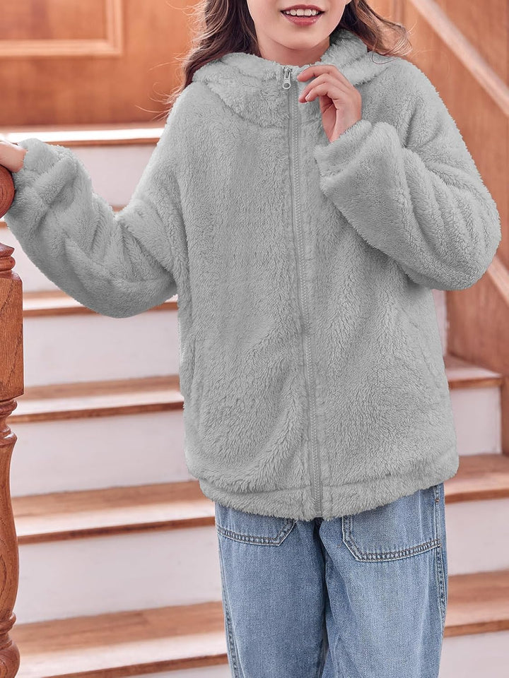 Haloumoning Mädchen Fleece Jacken Kinder Weich Fuzzy Kapuzenpullover Winter Coat Jacke, 5-6 Jahre Gr