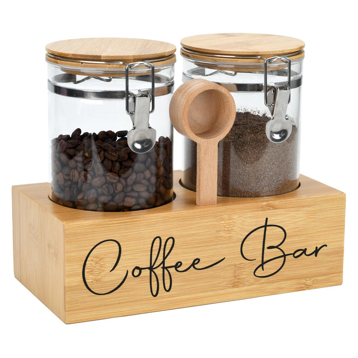 Kaffeedosen-Set aus Glas mit Bambusregal und Löffel, 2 luftdichte Behälter (je 1,3 l) für Kaffeebohn