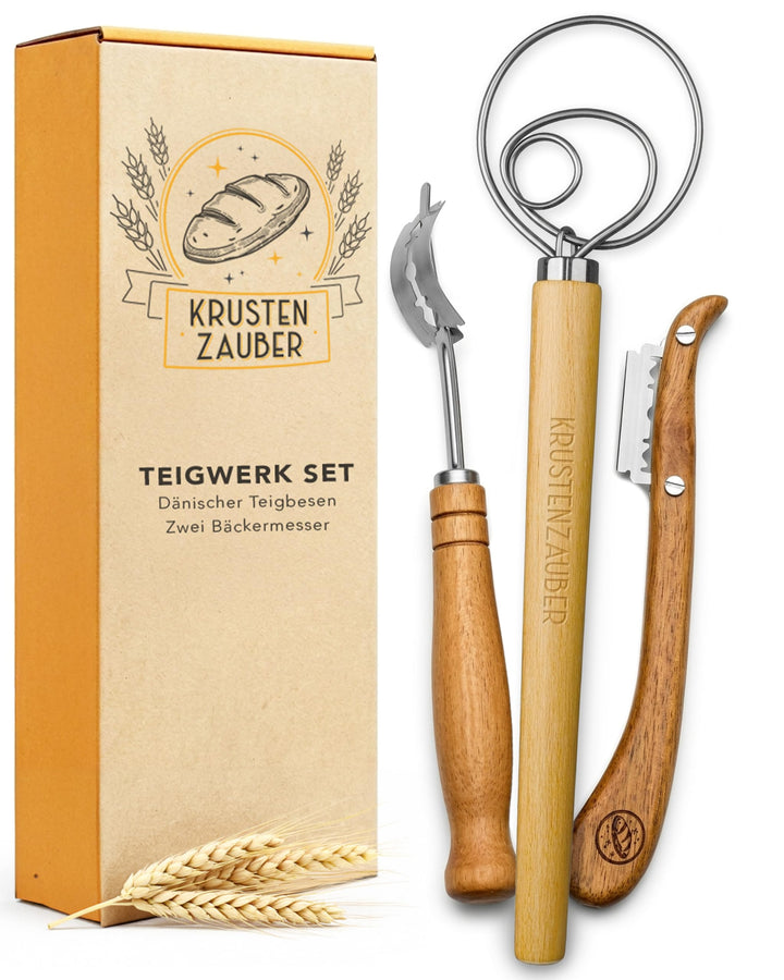 KRUSTENZAUBER Dänischer Schneebesen & Bäckermesser 2er Set [inkl. 20 Rasierklingen] - Teigbesen, Dan
