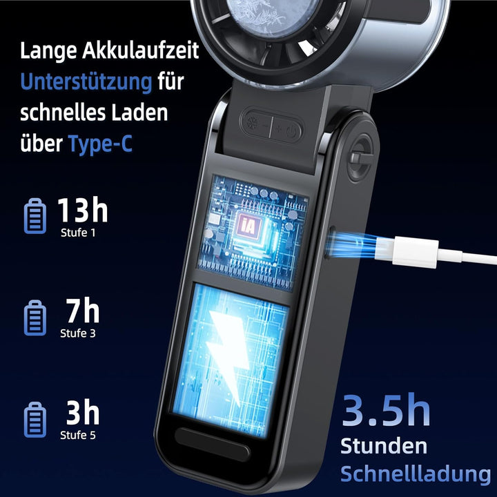 Handventilator Akku Aufladbar, Tragbarer Klein Turbo-Ventilator mit 100 Stufen Wind, 3-in-1 Mini Ven