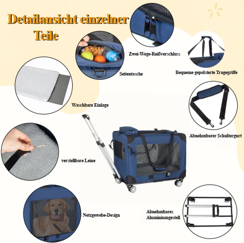 Dunkelblaue Tiertransportbox, 2-in-1 Faltbare Hundetransporttasche mit Rollen, Belüftete Haustierbox