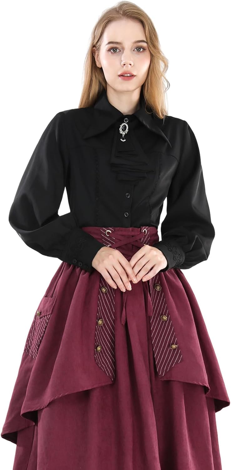 Fiamll Damen Viktorianisch Bluse Vintage Schleifenhemd Stehkragen mit Ruff Langarmshirt Mittelalter