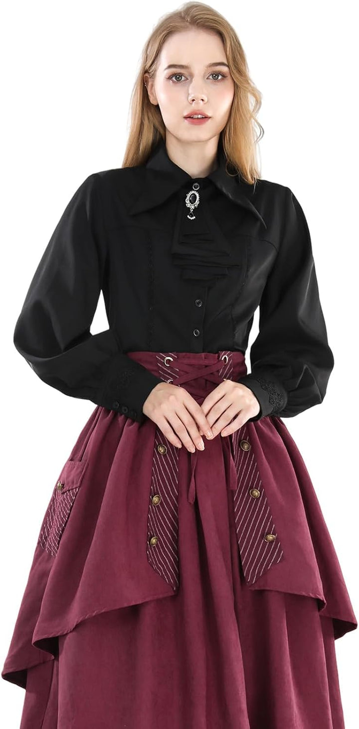 Fiamll Damen Viktorianisch Bluse Vintage Schleifenhemd Stehkragen mit Ruff Langarmshirt Mittelalter