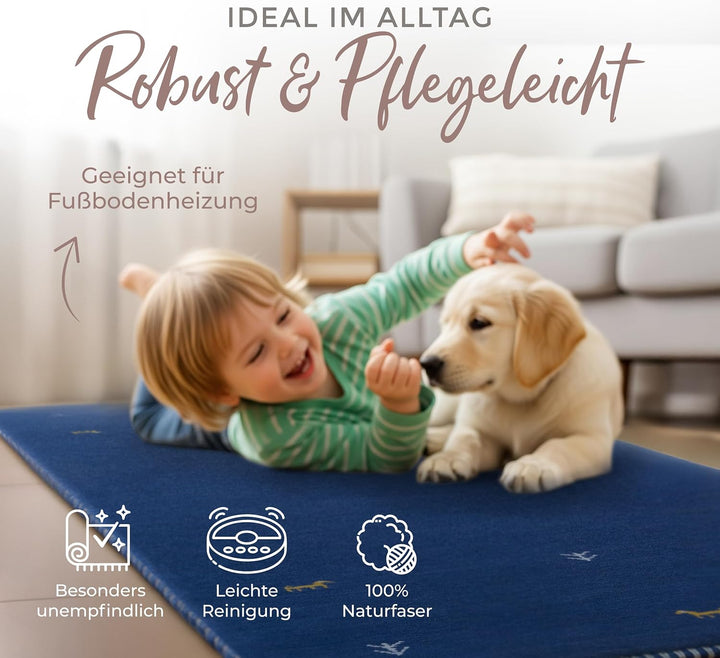 carpetfine Wollteppich Gabbeh Uni Läufer Blau 60x180 cm | Moderner Teppich für Wohn- und Schlafzimme