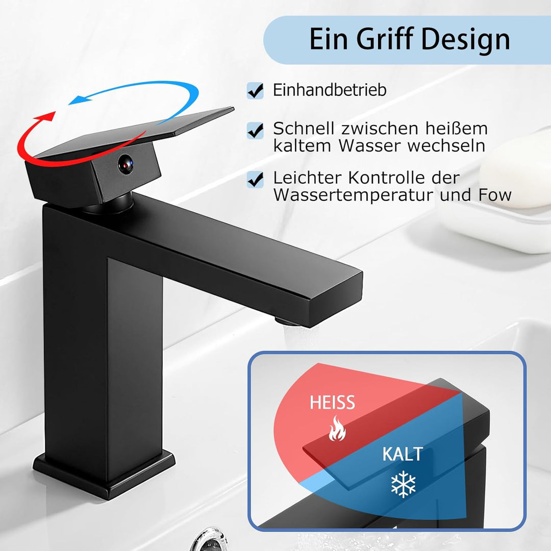 Wasserhahn Bad Schwarz Waschtischarmatur mit Pop-Up Ablaufgarnitur, Wasserhähne Eckig mit Höhe 164mm