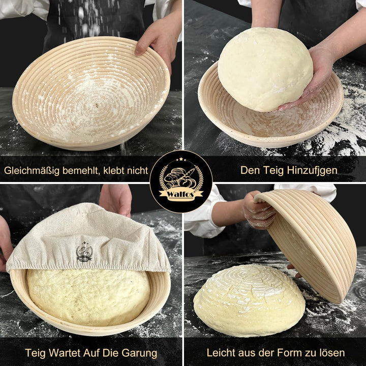 Gärkörbchen - Walfos® Rundes gärkorb zum brotbacken-Set, 100% natürlichem Rattan, inklusive Bäckerme
