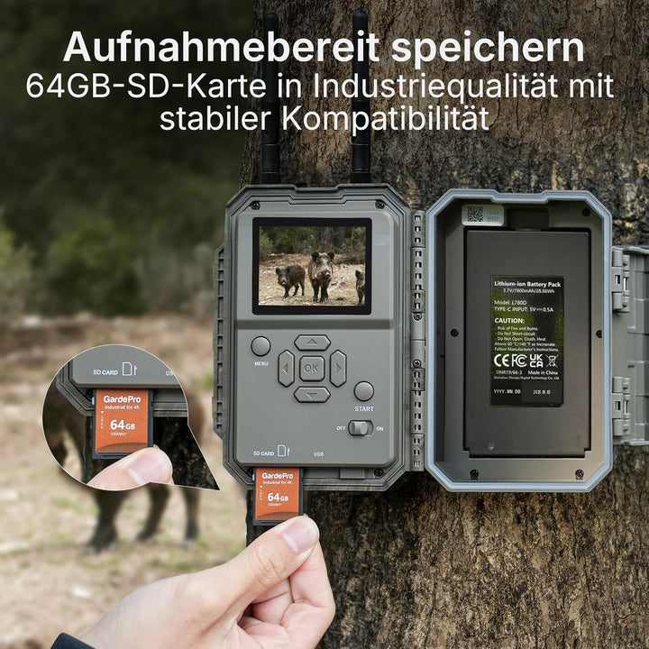 GardePro E6 2.0 Pro Wildkamera WLAN, Wiederaufladbare 8000mAh Akku mit 64GB SD Karte, 64MP 1296P, Wi