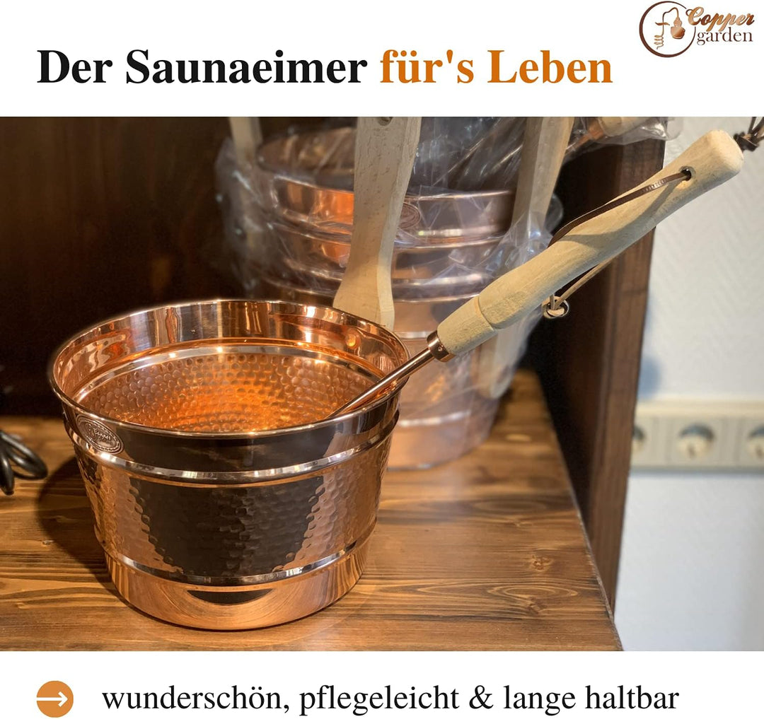 CopperGarden Saunaeimer aus blankem Kupfer mit Schöpfkelle I Schwalleimer mit Wandhalterung aus Holz