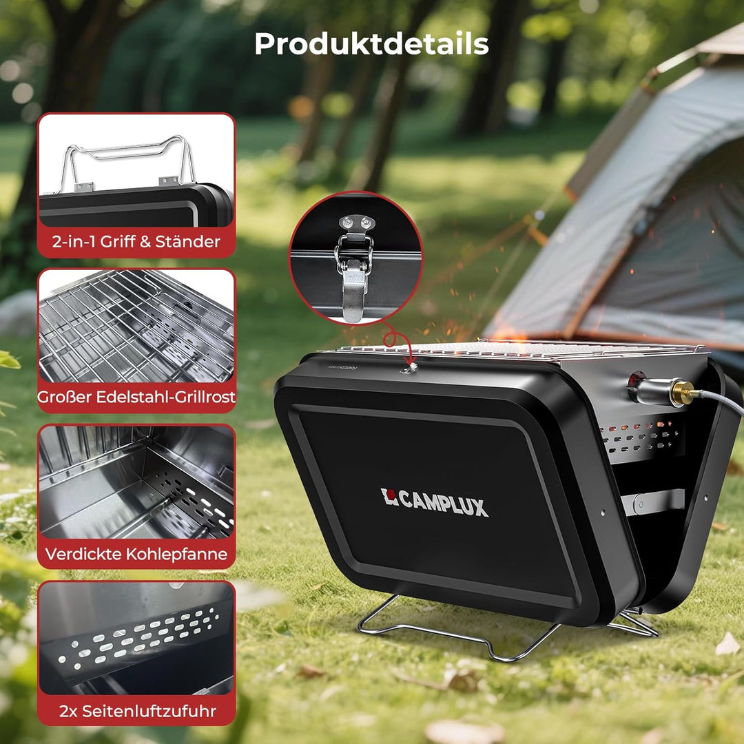 CAMPLUX Tragbarer 2-in-1 Koffergrill, Gas- und Holzkohle-Campingkocher mit 32 x 23,5 cm Rost, klappb