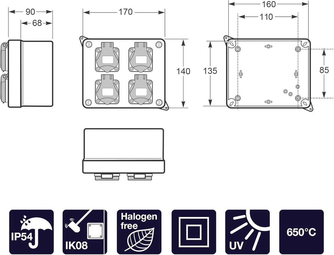 FAMATEL - Wasserdichte Abzweigdose IP44 | 4 Steckdosen | 2P+TTL | 16A | 250V | Blau