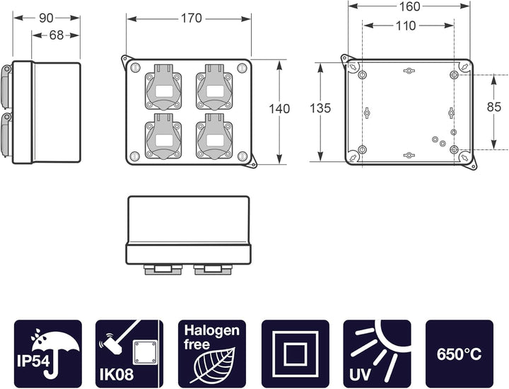 FAMATEL - Wasserdichte Abzweigdose IP44 | 4 Steckdosen | 2P+TTL | 16A | 250V | Blau
