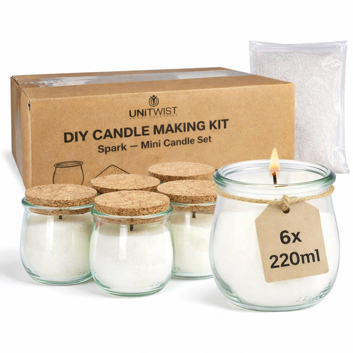 UNiTWIST® SparkMini DIY Kerzenset – Candle Making Kit im WECK® Glas | 6× 220 ml Tulpengläser, Korkde
