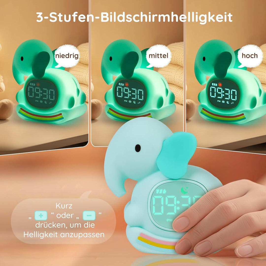 Yiliaw Grüner Elefant Kinderwecker mit Nachtlicht – Schlaftrainer & Aufwachuhr, wiederaufladbare Sil
