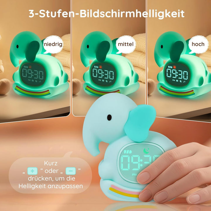 Yiliaw Grüner Elefant Kinderwecker mit Nachtlicht – Schlaftrainer & Aufwachuhr, wiederaufladbare Sil