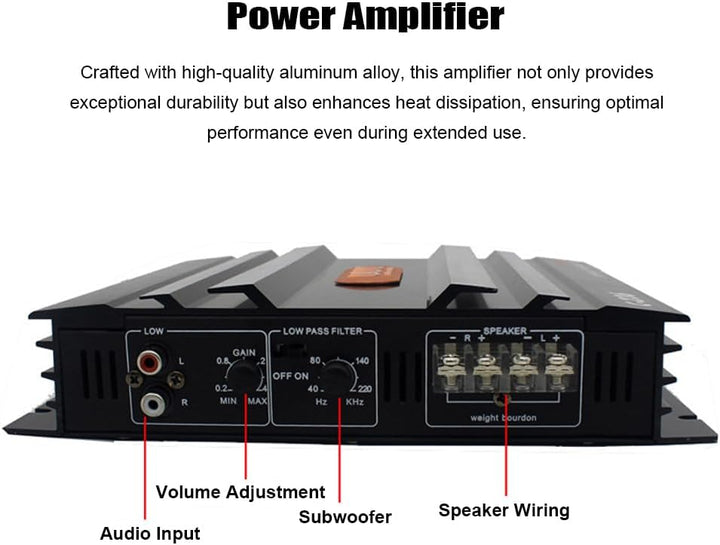 Shkalacar 2 Kanal Car Audio Mini Verstärker, 3800W Stereo Verstärker mit Niederfrequenzsteuerung, Ph