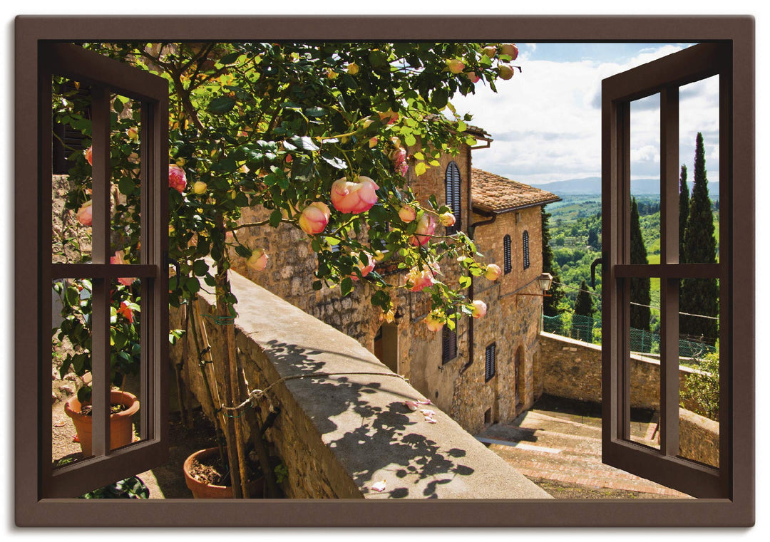 ARTland Leinwandbild Wandbild Bild auf Leinwand 130x90 cm Wanddeko Fensterblick Fenster Toskana Land
