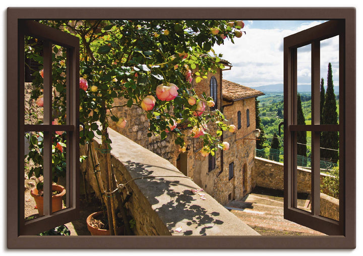 ARTland Leinwandbild Wandbild Bild auf Leinwand 130x90 cm Wanddeko Fensterblick Fenster Toskana Land