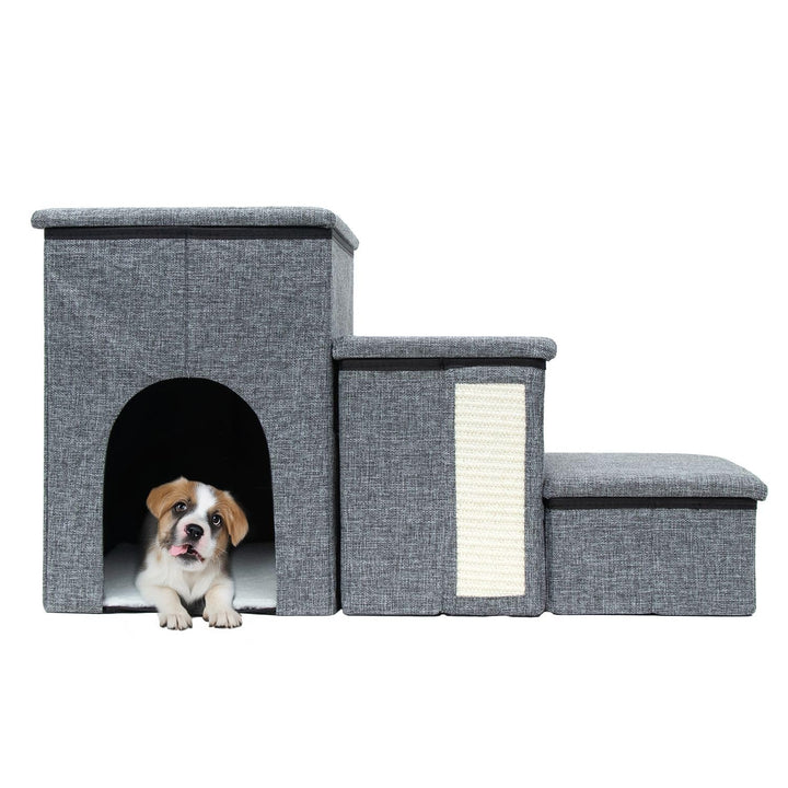 Intirilife Faltbare Hundetreppe mit 3 Stufen in Grau -72x32,5x43 cm- Haustiertreppe mit Stauraum -Ka