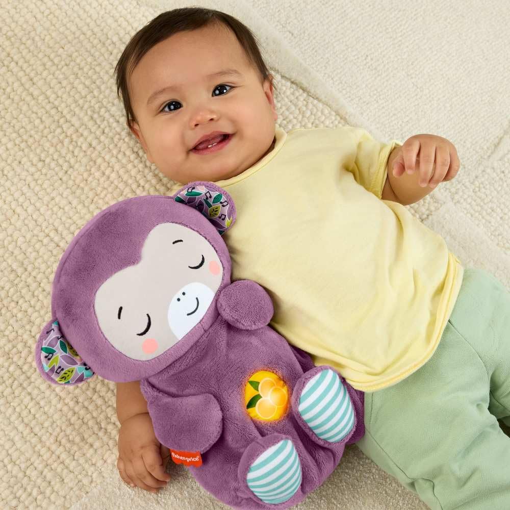 Fisher-Price Baby-Spielzeug Lila Schlummer-Affe, tragbare Plüsch-Spieluhr mit Atembewegungen und Lic