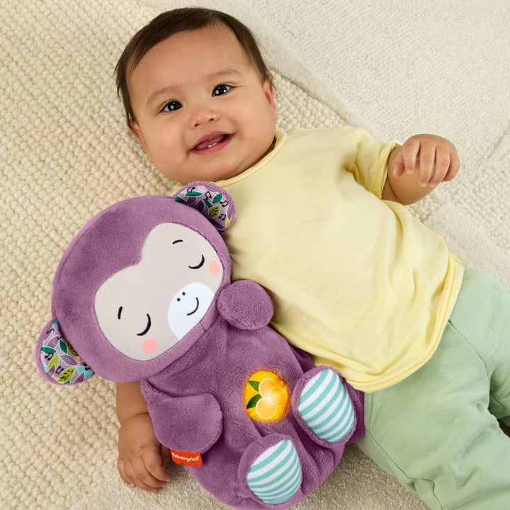 Fisher-Price Baby-Spielzeug Lila Schlummer-Affe, tragbare Plüsch-Spieluhr mit Atembewegungen und Lic