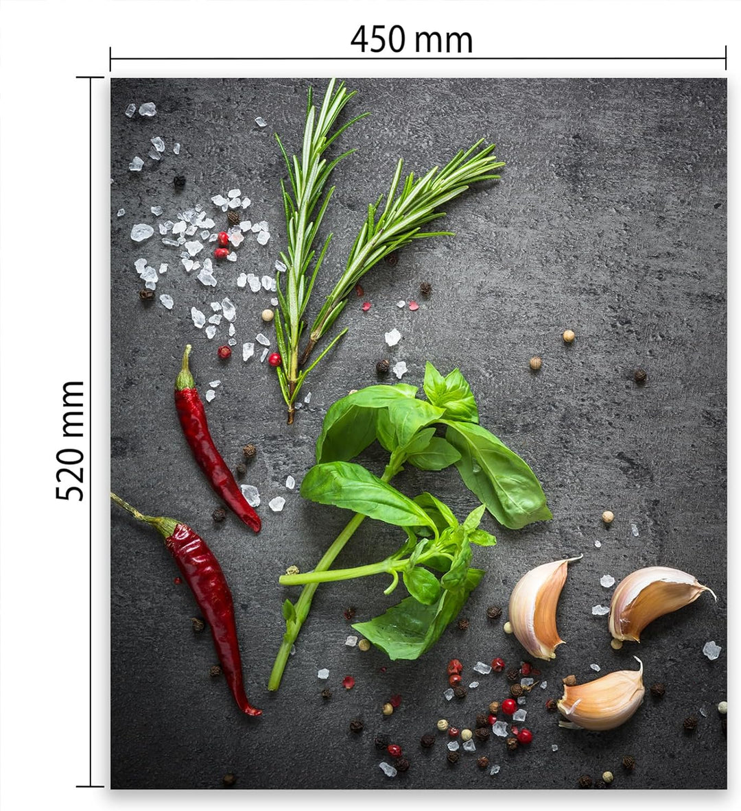 SmartDecoration Herdabdeckplatte Ceranfeldabdeckung aus Glas 45x52 cm Einteilig Motiv "Kräuter" Grau