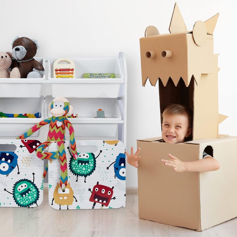 Relaxdays Kinderregal mit 6 Boxen, Monster-Design, 2 Kisten mit Rollen, HBT: 80,5x82,5x30 cm, Regal